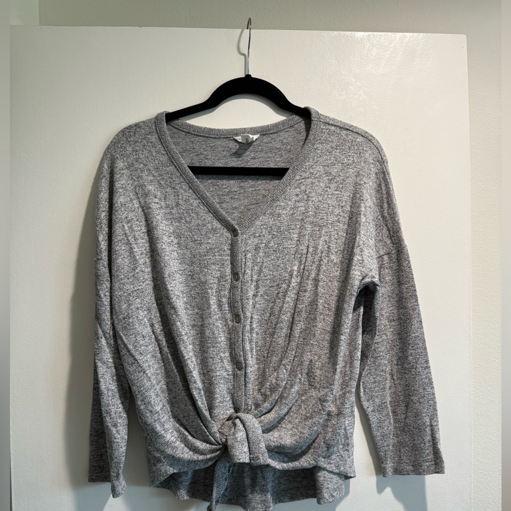 Heather Gray Button-Down Top with Knot Tie Detail
